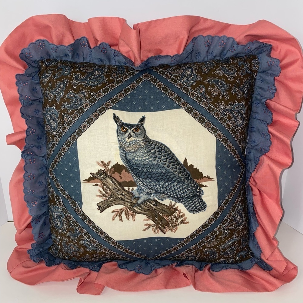 Vintage 3D Bird ~ Owl Design throw pillows 15” x 14” Country Decor Mauve & Blue - Picture 2 of 9